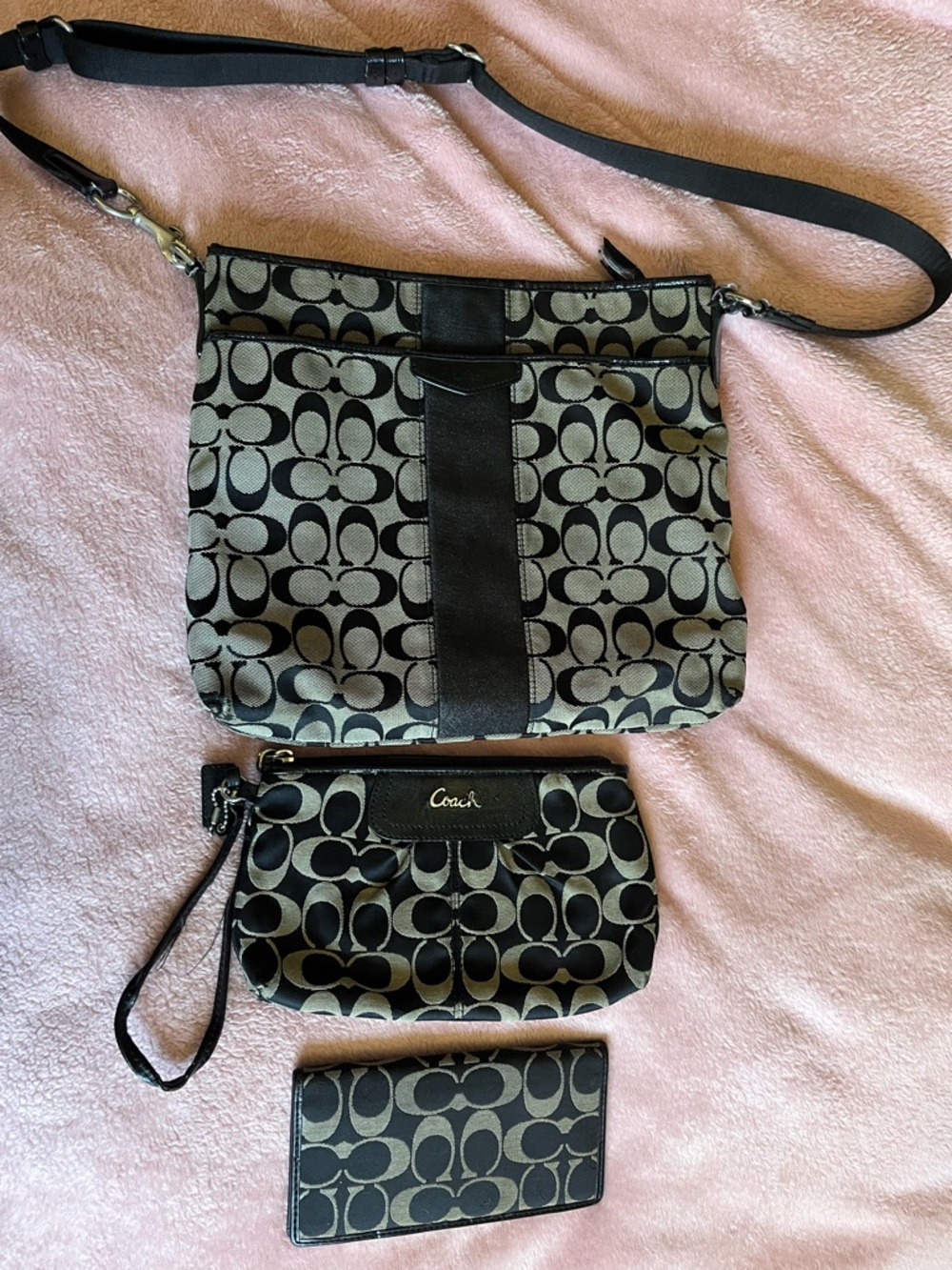 Coach Black and Khaki Signature Crossbody Trio with Wristlet and Checkbook cover